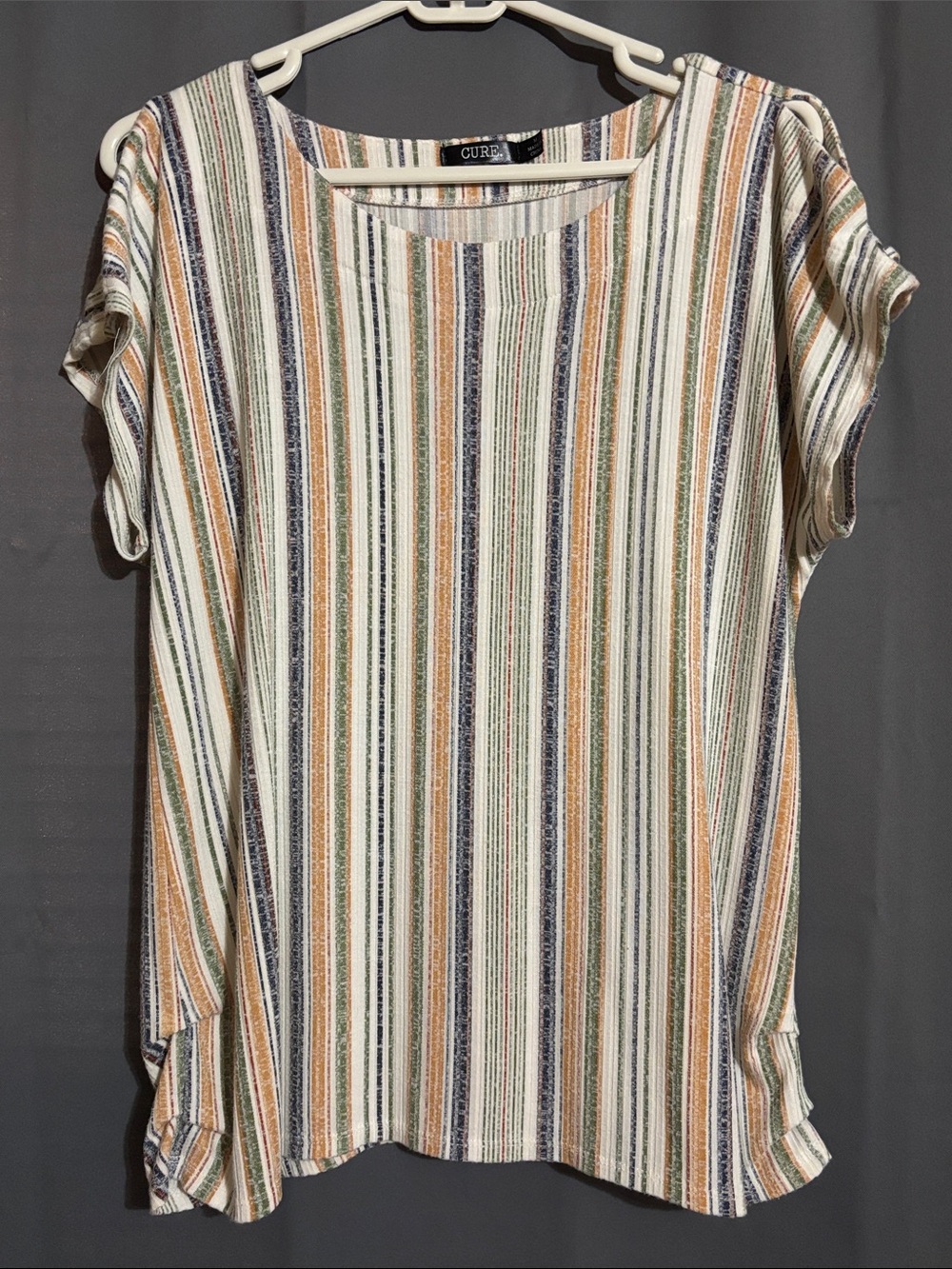 Striped Short Sleeve Scoop Neck Top Cold Shoulder- Cream Multi Size M